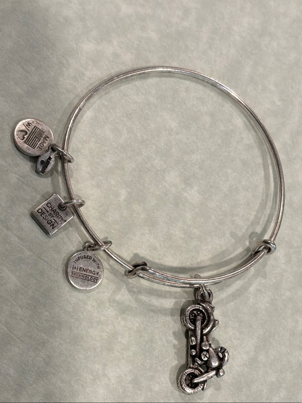 Alex and Ani Silver Charm Bangle Bracelet with 4 Heart and Motorcycle Charms